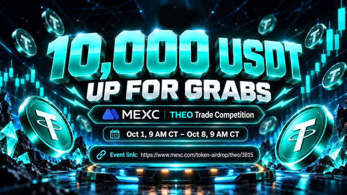 A vibrant promotional graphic announces a "MEXC THEO Trade Competition" offering "10,000 USDT UP FOR GRABS," running from "Oct 1, 9 AM CT – Oct 8, 9 AM CT," with the event link "https://www.mexc.com/token-airdrop/theo/3815." The futuristic, tech-inspired design featuring floating "T" tokens and cryptocurrency chart imagery reinforces the post's message about ongoing trading and airdrop opportunities for the $THEO token on MEXC.