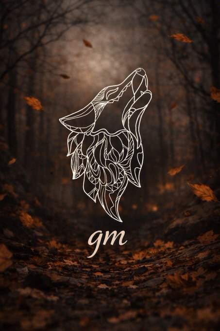 A stylized line-art illustration of a howling wolf head set against a moody autumn forest backdrop with falling leaves, accompanied by the text 'gm'.