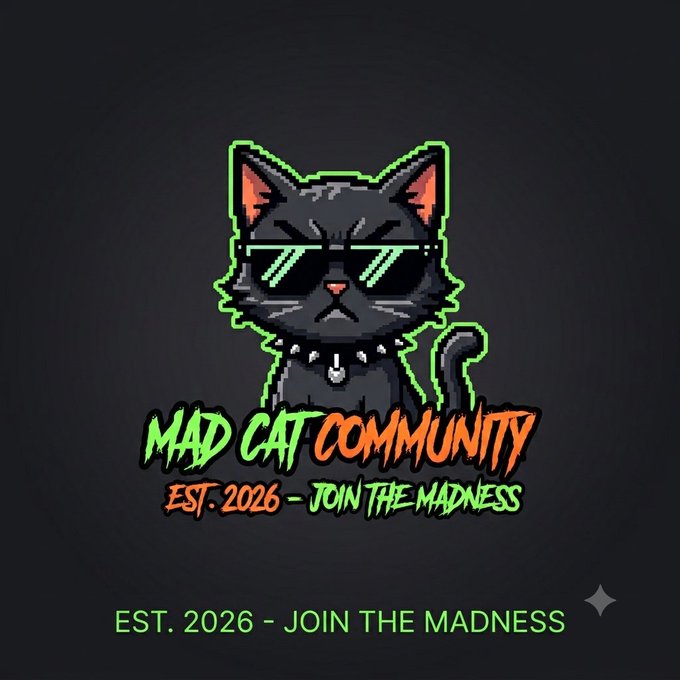 A pixel art graphic of a grumpy black cat wearing sunglasses and a spiked collar, with the text 'MAD CAT COMMUNITY EST. 2026 - JOIN THE MADNESS'.