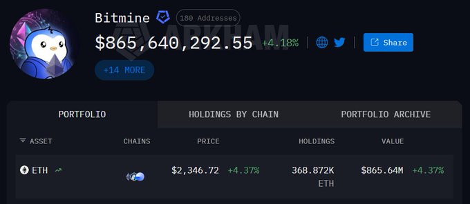 A blockchain portfolio tracker showing the entity 'Bitmine' holding a portfolio valued at $865,640,292.55, with 368.872K ETH holdings.