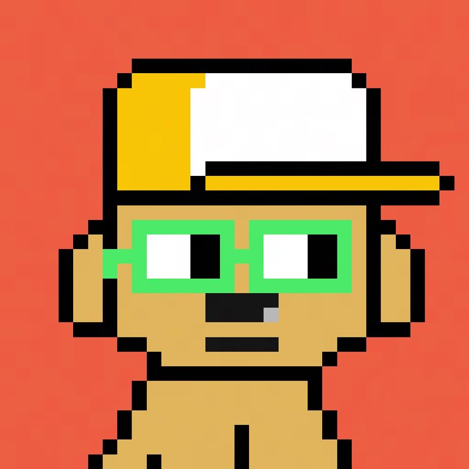 A pixel art illustration depicts a character wearing green glasses, a white and yellow cap, and a single gold tooth visible in a smile, set against an orange background.