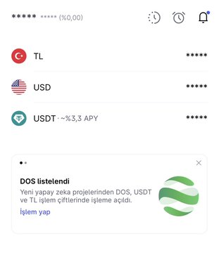 A screenshot from Midas Kripto shows a wallet balance with TL, USD, and USDT (~%3.3 APY) entries, along with an announcement stating that new Zeka (AI) projects DOS, USDT, and TL transaction types have been opened, with "İşlem yap" (Trade) highlighted—corresponding to the post announcing that the $DOS/TL pair has been listed on the platform.