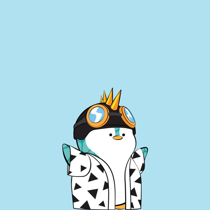 A cartoon penguin character wearing goggles and a black and white patterned jacket, with spiky yellow hair on top of its head, against a light blue background.