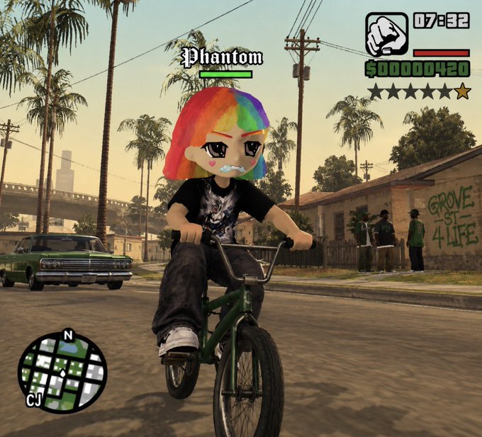 A screenshot from a Grand Theft Auto: San Andreas video game mod featuring a character named 'Phantom' with rainbow hair riding a green BMX bike in a Los Santos neighborhood.