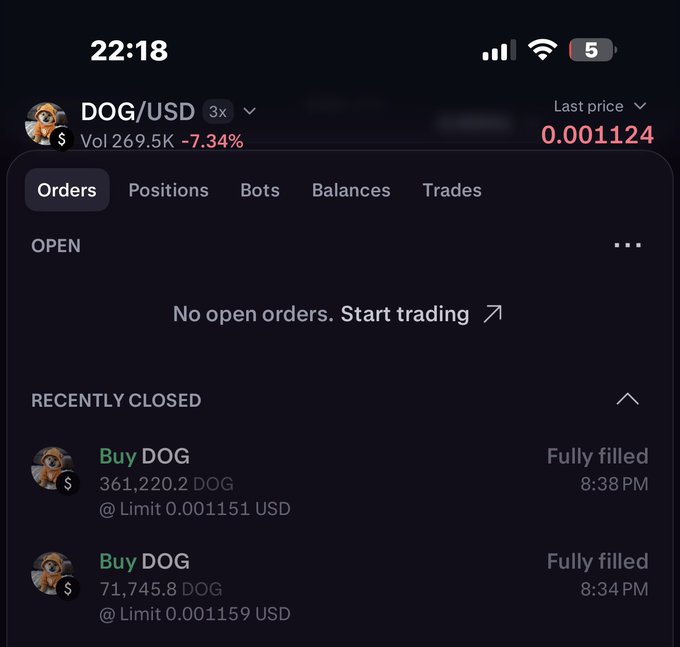 A cryptocurrency trading app shows DOG/USD with a last price of 0.001124, a 7.34% decline, and recently filled buy orders.