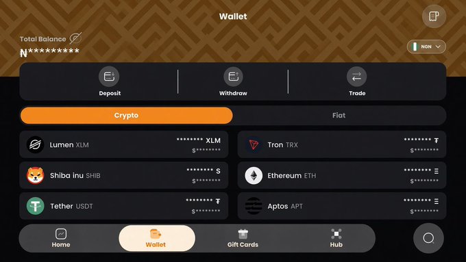 A crypto wallet app screen displays a total balance (redacted) in NGN, with options for Deposit, Withdraw, and Trade, and shows holdings in Lumen (XLM), Shiba inu (SHIB), Tether (USDT), Tron (TRX), Ethereum (ETH), and Aptos (APT).