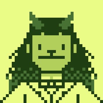 A green pixel art illustration of a horned, bear-like character wearing a checked scarf against a light green background.