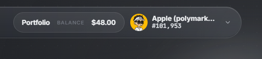 A cropped image showing a Polymarket portfolio interface with a balance of $48.00 and an Apple prediction market position of $181,953.