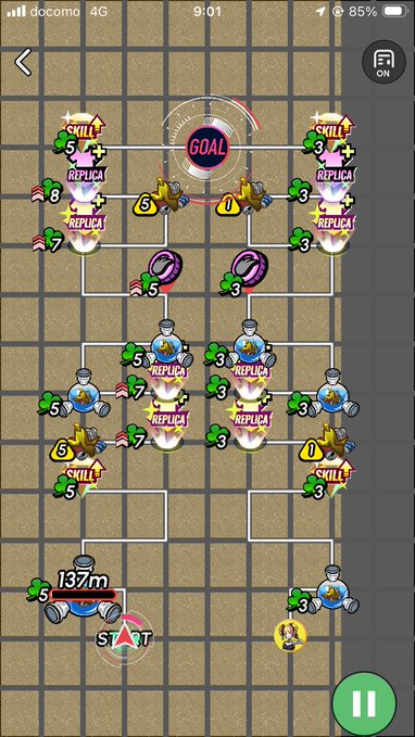 A mobile game screenshot showing a map with various enemy characters, skill nodes, and a goal at the top, starting from the bottom at 137m.