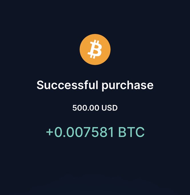 A dark screen showing a Bitcoin purchase confirmation for 500.00 USD, crediting +0.007581 BTC.