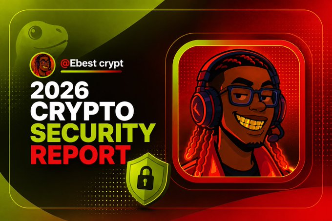 A promotional graphic titled '2026 CRYPTO SECURITY REPORT' by '@Ebest crypt'. It features a cartoon character with gold teeth and headphones, a Shiba Inu dog in the upper left, and a security shield icon against a red and green gradient background.