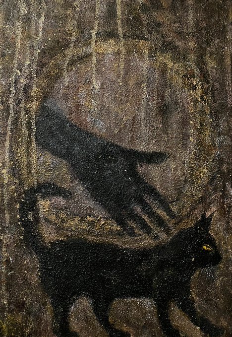 A textured painting depicting a black cat with glowing yellow eyes below a shadowy hand reaching down.