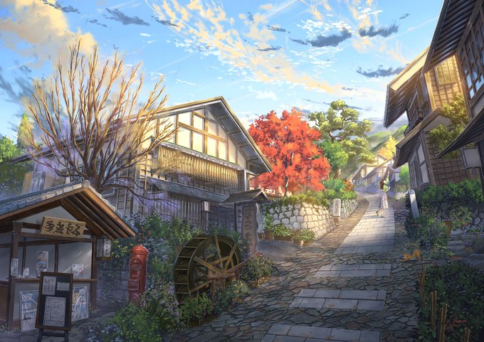 An anime-style illustration of a traditional Japanese village street featuring a water wheel, a red mailbox, old wooden buildings, and a vibrant red maple tree under a blue sky.
