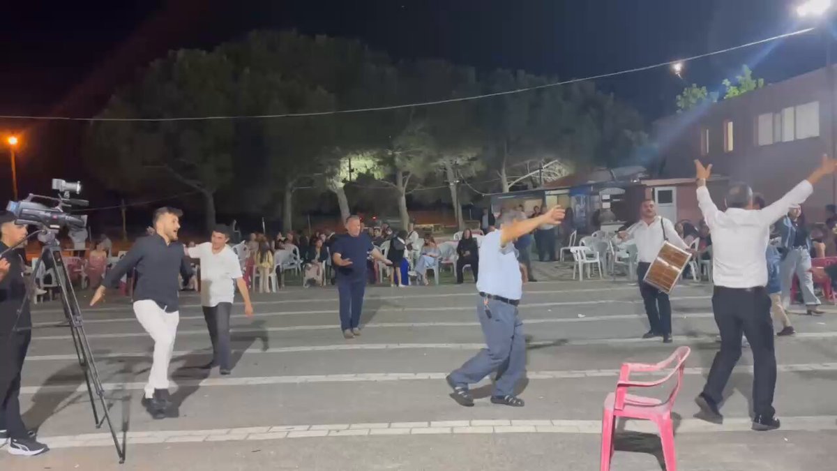 The image shows a group of people dancing outside at night, with some standing and others sitting on chairs. The scene appears to be taking place in an open area or courtyard, possibly near a park. There are several individuals visible in the frame, including one person holding a camera, capturing the moment. The post includes text that reads "Düğün dernek Son Dakikalar... $Btc $Eth". This suggests that the image might have been taken during an event or gathering where people were dancing and socializing at night.