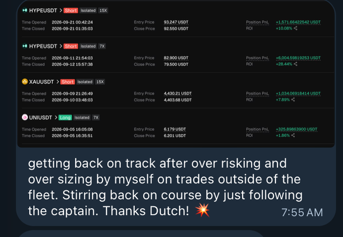 A trading dashboard displaying positions for HYPEUSDT (Short), XAUUSDT (Short), and UNIUSDT (Long) with various entry/close prices and PnL values, accompanied by a message about getting back on track after over-risking on trades outside the fleet.
