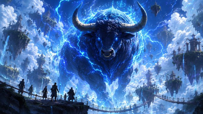 A fantasy digital artwork portrays a massive, glowing blue, lightning-wreathed bull with horns towering over tiny figures on a bridge amid floating islands.