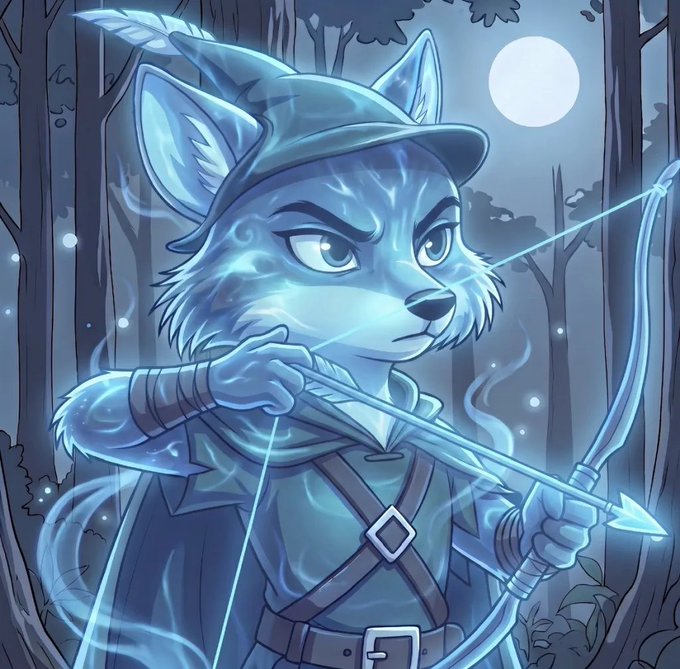An anime-style illustration of a blue, spectral wolf-like archer wearing a feathered hat, drawing a glowing bow in a moonlit forest setting.
