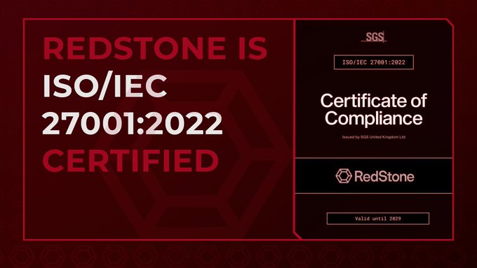 A red promotional graphic announces 'REDSTONE IS ISO/IEC 27001:2022 CERTIFIED' alongside an SGS Certificate of Compliance for RedStone, valid until 2029.