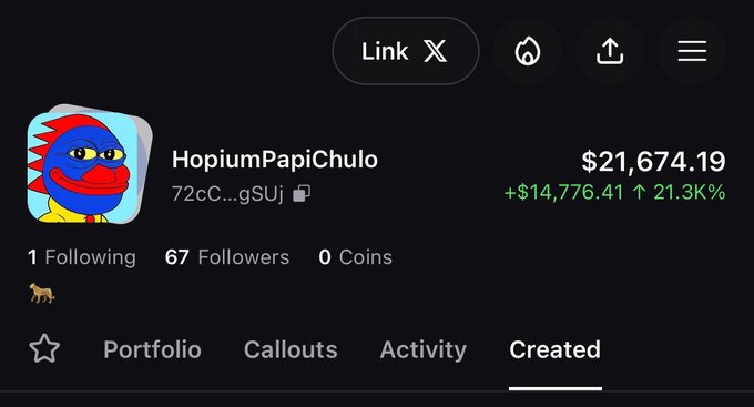A user profile for "HopiumPapiChulo" shows a portfolio value of $21,674.19 with a gain of +$14,776.41 (+21.3%), 67 followers, and a "Created" tab selected, aligning with the post about adding bands and sharing earnings with pump.fun followers.