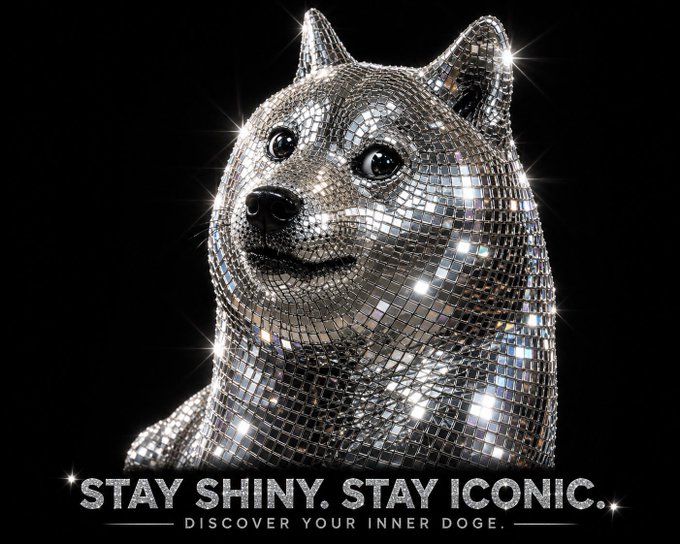 The image features a silver dog statue with a diamond pattern, which appears to be made of glass or metal. The dog's eyes are open wide, giving it an alert expression as if ready for action. The background of the image is black, making the silver dog stand out even more. Below the image, there is text that reads "STAY SHINY. STAY ICONIC. Discover your inner Doge". This suggests that the image might be related to a humorous or lighthearted theme, possibly promoting a product or service involving shiny materials and a unique design.