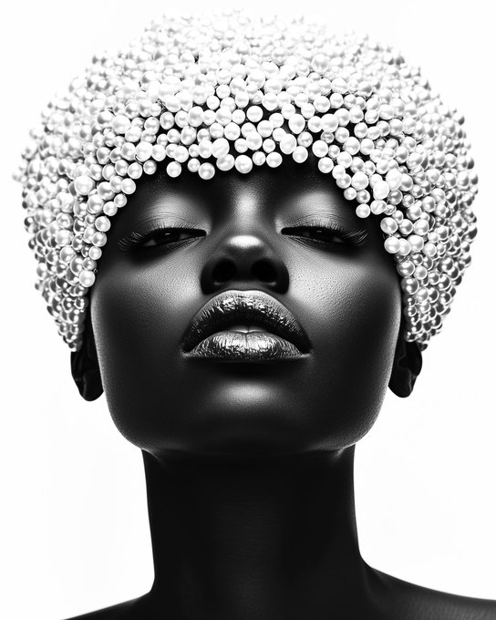 A black and white artistic portrait of a woman with dark skin, metallic silver lipstick, and hair made entirely of small white pearl-like spheres.
