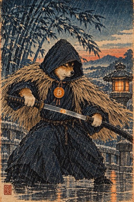 A Japanese ukiyo-e style artwork depicting an anthropomorphic Shiba Inu dog dressed as a samurai warrior in a dark hooded cloak and straw cape, holding a katana sword with a Bitcoin symbol pendant, set against a rainy backdrop with bamboo and a lantern.