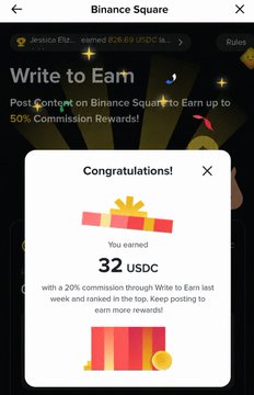 A screenshot of a Binance Square "Write to Earn" congratulations popup awarding 32 USDC, which the post celebrates as another weekly reward for consistent content creation on the platform.
