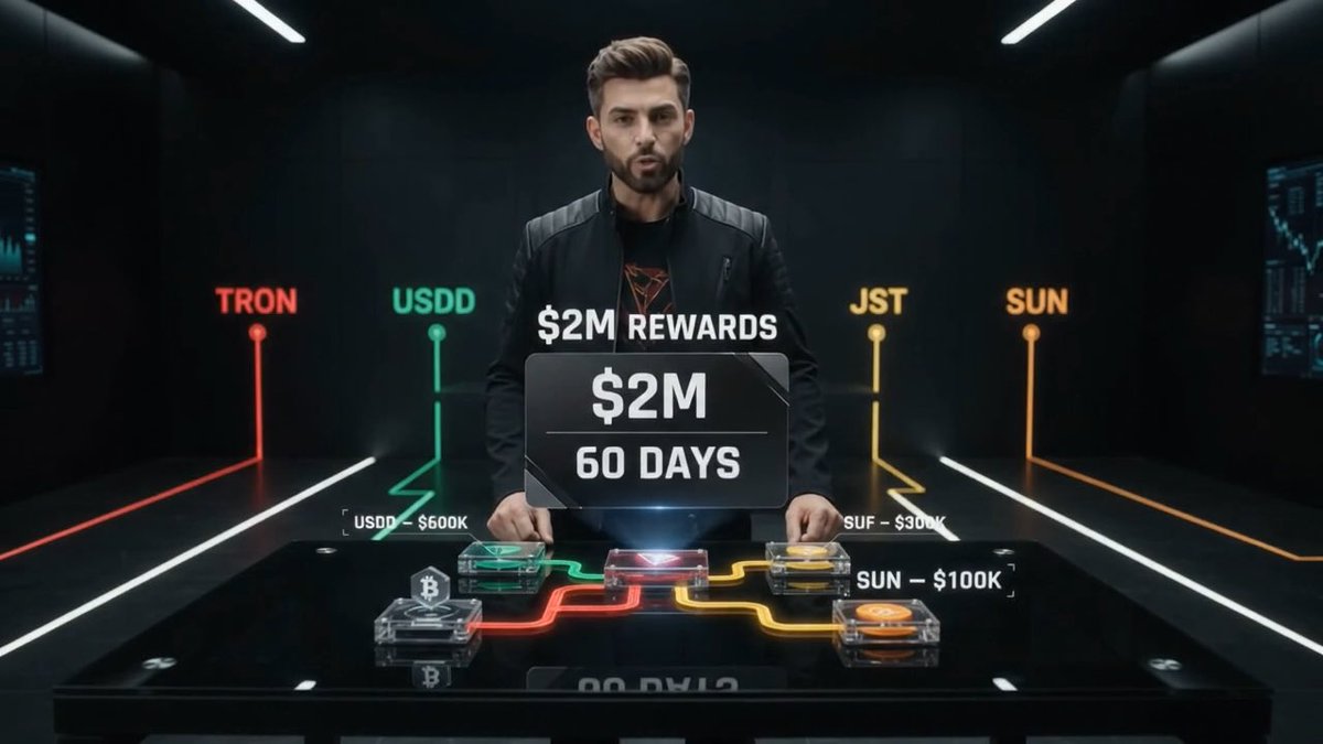 A man stands in a sleek, tech-inspired room presenting a "$2M REWARDS / 60 DAYS" graphic, with illuminated pillars behind him labeled "TRON," "USDD," "JST," and "SUN," highlighting the four key assets of the TRON DeFi Summer S3 campaign featuring USDD ($600K), B, SUF ($300K), and SUN ($100K). The visual reinforces the post's announcement of JustLend DAO and Binance Wallet's collaborative $2 million incentive program.