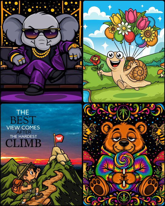 A four-panel collage showcasing vibrant AI-generated artwork: a stylish elephant in sunglasses and gold chains lounging on a couch, a cheerful snail floating with a bouquet of balloons while holding a rose, a determined hiker reaching a mountain summit with a "W" flag under the quote "THE BEST VIEW COMES AFTER THE HARDEST CLIMB," and a psychedelic bear enjoying a colorful lollipop. The whimsical, expressive illustrations reflect the post's message about art carrying emotions and supporting artists' creative journeys.