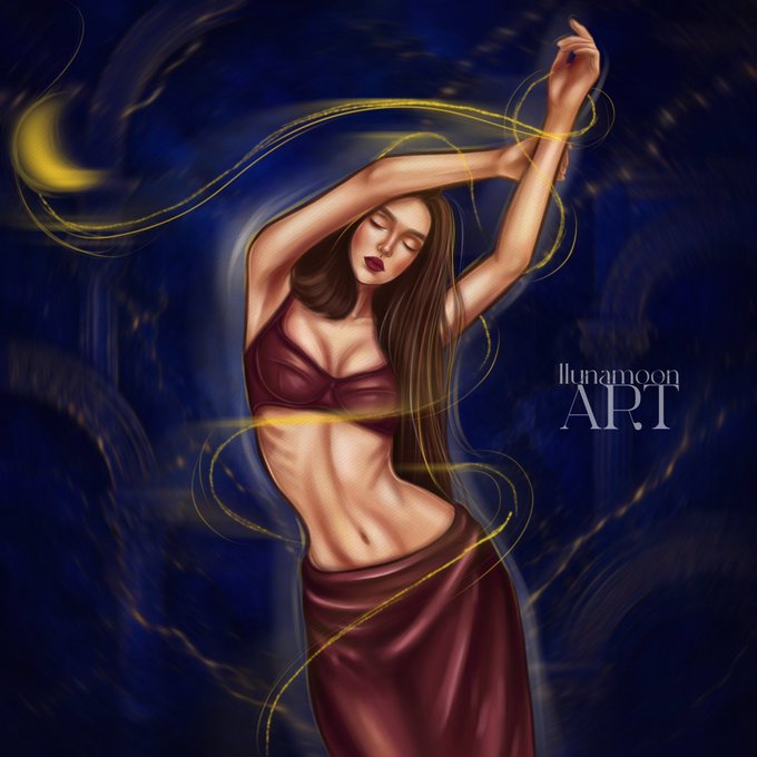 A digital fantasy illustration of a woman with flowing brown hair dancing with arms raised against a deep blue starry background with golden light swirls and a crescent moon, branded 'lunamoon ART'.