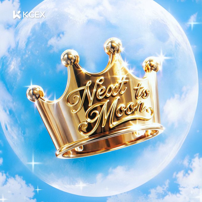 A golden crown with the cursive text 'Next to Moon' floating in front of a large, bright full moon against a blue sky, with a 'KCEX' logo in the upper left corner.