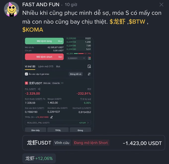 A trading interface screenshot showing a Vietnamese message from 'FAST AND FUN' discussing trading on $龙虾, $BTW, and $KOMA, with a significant loss on a short position displayed.