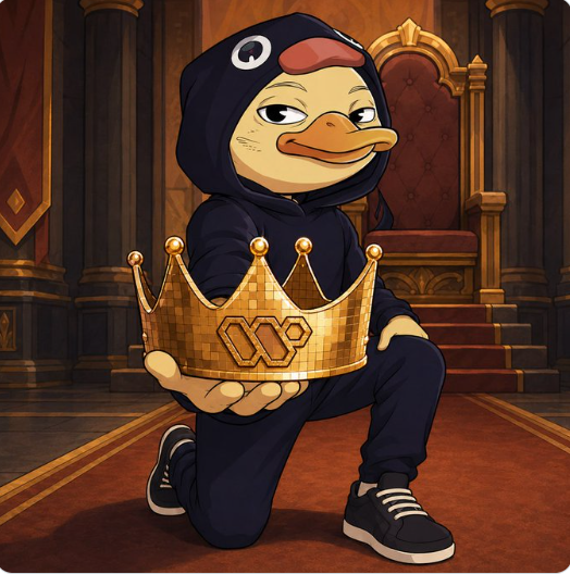 The image features a cartoon duck wearing a crown while kneeling down with its legs crossed. The caption reads "gQuack A real CREATOR today is more than someone who just posts content Every letter in CREATOR means much more now People dont remember noise, they remember those who hold attention and create value through interaction @wallchain pushes exactly this forward".