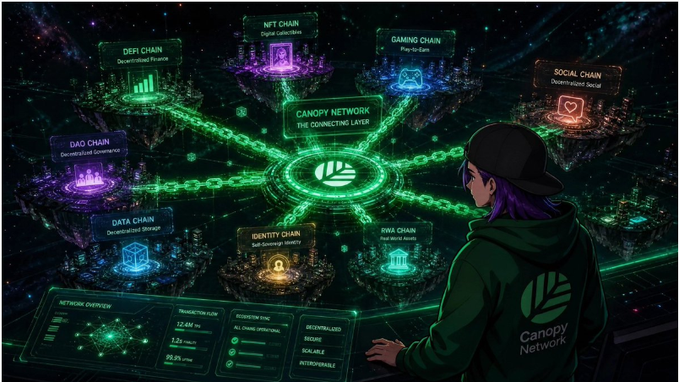 A futuristic digital illustration showing a figure in a green 'Canopy Network' hoodie interacting with a holographic network diagram featuring interconnected nodes like 'DEFI CHAIN', 'NFT CHAIN', 'GAMING CHAIN', and 'SOCIAL CHAIN'.