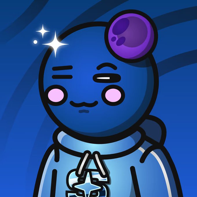A cartoonish blue astronaut character with a purple-tinted helmet dome smiles while holding a glowing star token, set against a swirling dark blue background—symbolizing the user's celebration of re-entering the Space Riders NFT community with a new purchase funded by Robinhood.