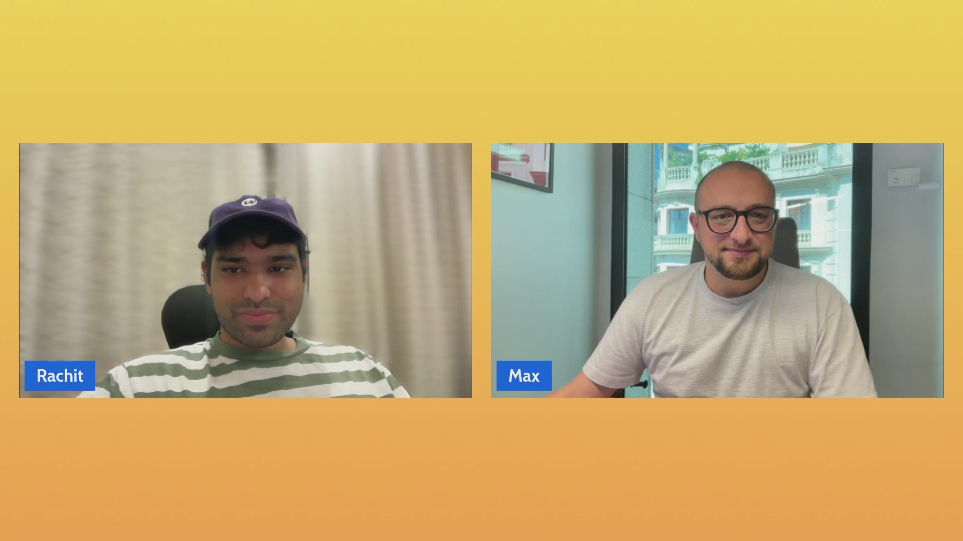 The image shows two men sitting at a desk with their faces displayed on a computer screen. The man on the left has a blue hat on his head, while the other man wears glasses. They are both looking directly at the camera, appearing engaged in conversation or discussion. The background of the image is yellow and orange, which may be related to the company logos "PSG" and "FAC", possibly indicating their roles within the organization.
