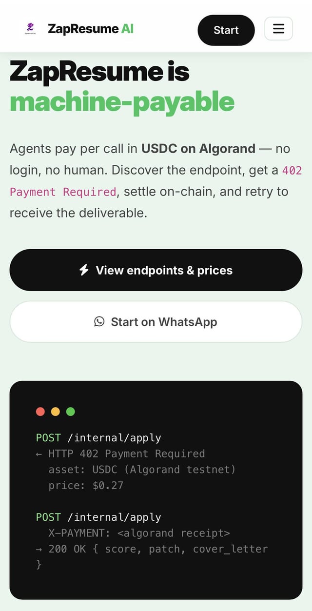 The image shows a phone screen displaying the ZapResume app, which appears to be an AI resume writer designed for agents using USDC currency. The main content of the screen showcases an overview of the app features, including a chart that provides a visual representation of agent payments on Algorand - and it has the option to start working immediately or pause in progress. Additionally, there is text displayed on the screen regarding the cost of paying for the resume service through USDC currency (x402).
