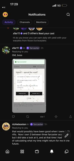 A screenshot of Farcaster notifications at 17:29 shows activity from users "xfer11" and "richieboston" in channels like "warplets" and "GM1," highlighting the platform's active user engagement referenced in the recommendation to follow @kriptocfr.