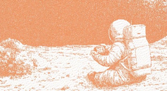 A stylized orange and white textured illustration of an astronaut sitting on a barren, moon-like landscape with their helmet on.