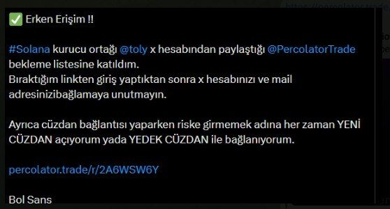 The image shows a screenshot of an online form, possibly for joining a trading queue or waiting list at Percolator Trade. It has multiple sections displaying information about users. The main text in the image reads "Ekhtirikul Belir: Tolay hastag x hebasan payatidnizi onüyorlu kesi ya yedek cu zadan azum yedo acaklaştır". This post has been marked as checked by a user, indicating that it has been approved.