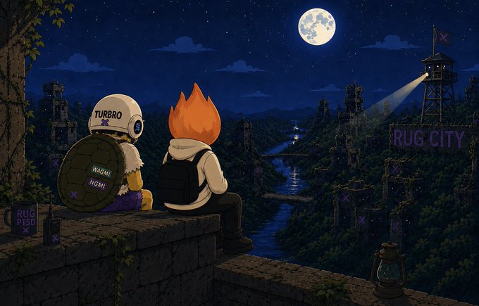 An animated-style illustration shows two characters sitting on a wall overlooking a ruined landscape labeled "RUG CITY" under a full moon, with references to "TURBRO", "WAGMI", and "NGMI" on their clothing.
