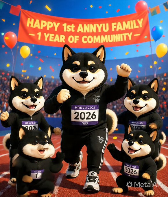 An AI-generated illustration shows five Shiba Inu mascots in track uniforms with '2026' bibs celebrating on a track field under a banner reading 'HAPPY 1st ANNYU FAMILY -1 YEAR OF COMMUNITY-' with balloons and confetti.