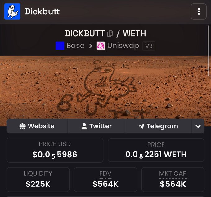 Screenshot of a cryptocurrency trading page for 'DICKBUTT' token showing price of $0.05986 USD / 0.82251 WETH, with $225K liquidity and $564K market cap, featuring a cartoon drawing on the red Martian landscape.
