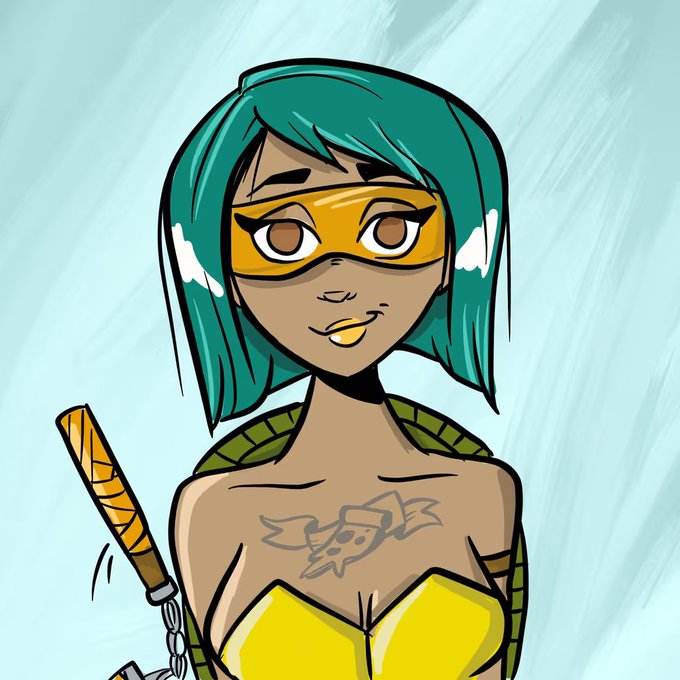 An anime-style cartoon illustration of a female character with teal hair in pigtails, wearing an orange domino mask, a yellow top, and holding what appears to be a sword handle, with a fish tattoo on her chest.
