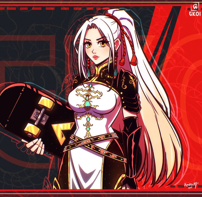 An anime-style character illustration by Andra.art features a white-haired woman in an ornate black, white, and gold outfit, holding a helmet with glowing yellow eyes against a red and black patterned background marked with 'GK01'.