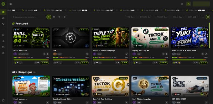 A screenshot of a dark-themed crypto or meme coin launchpad platform displaying 'Featured' and 'All Campaigns' sections with tokens like Shill Skillz, JTK, and TikTok Shilling.