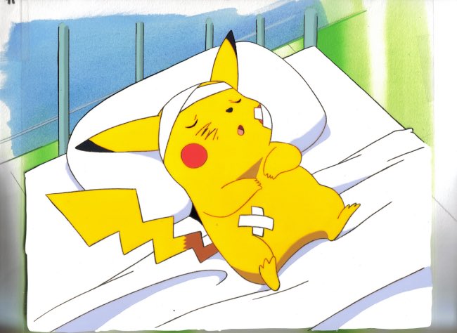 An anime-style illustration of a bandaged and injured Pikachu lying in a hospital bed, wearing a head bandage.