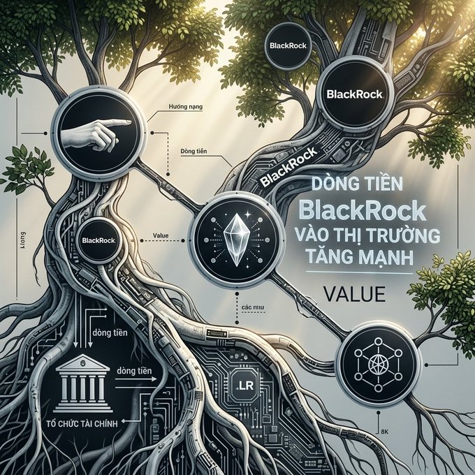 An infographic about BlackRock with the Vietnamese text 'DÒNG TIỀN BlackRock VÀO THỊ TRƯỜNG TĂNG MẠNH' showing money flow into the market increasing.
