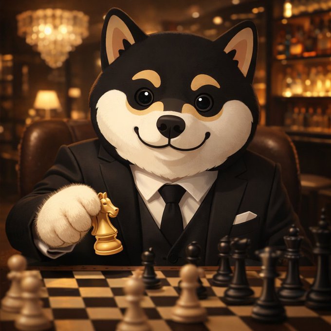 An anthropomorphic Shiba Inu dog wearing a black suit and tie sits at a chessboard holding a golden knight piece, in an upscale bar setting.