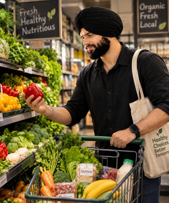 A man wearing a black turban shopping for fresh produce at a grocery store, holding a red bell pepper with signs reading 'Fresh Healthy Nutritious' and 'Organic Fresh Local' in the background.